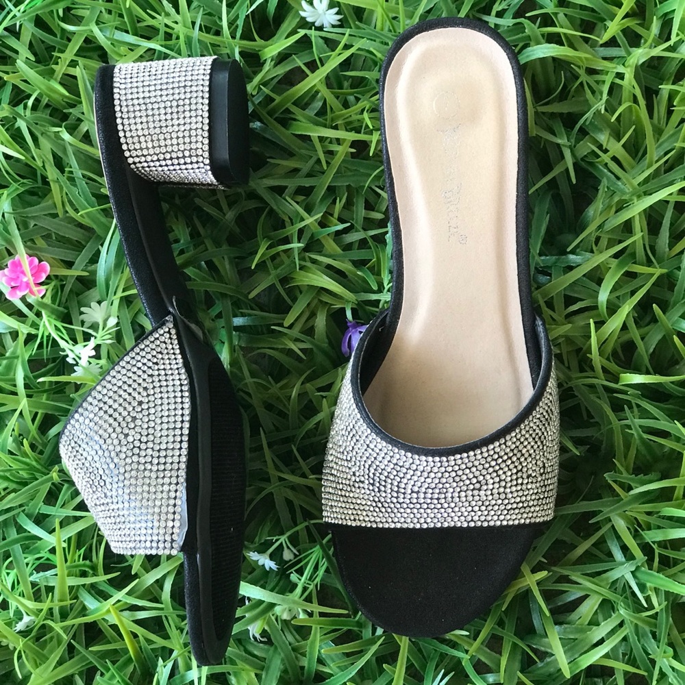 1 Left! NB Rhinestone Black Heel Mule Sandals - Picture 3 of 8